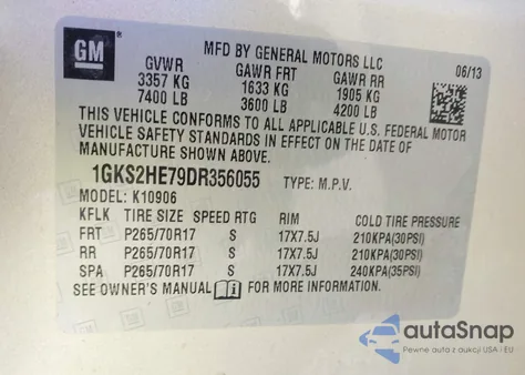 2013 GMC Yukon Xl K1500 Sle из США, поврежденный, VIN 1GKS2HE79DR356055